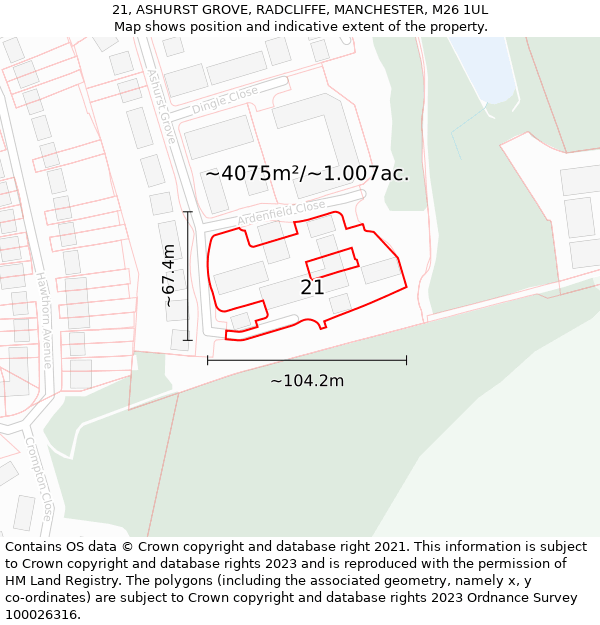 21, ASHURST GROVE, RADCLIFFE, MANCHESTER, M26 1UL: Plot and title map