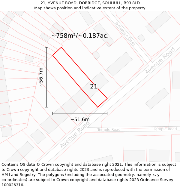 21, AVENUE ROAD, DORRIDGE, SOLIHULL, B93 8LD: Plot and title map