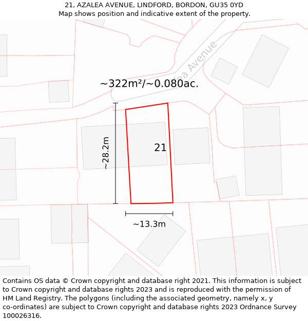 21, AZALEA AVENUE, LINDFORD, BORDON, GU35 0YD: Plot and title map