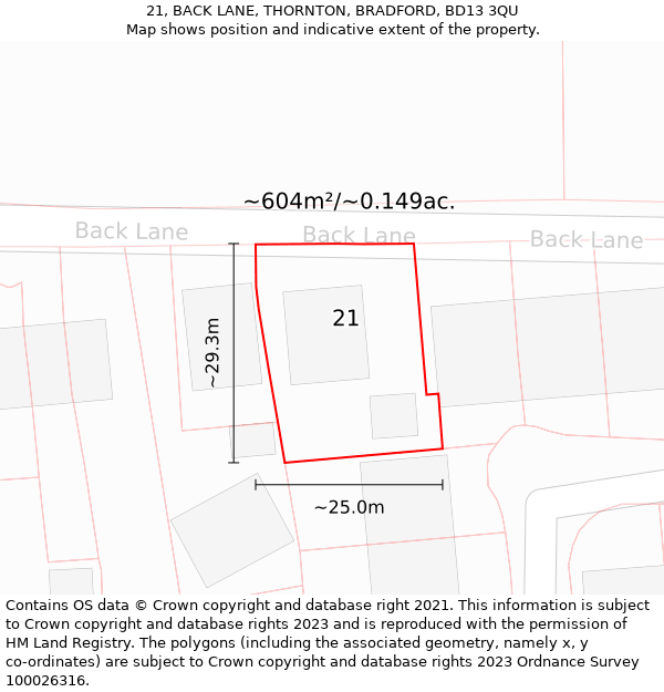 21, BACK LANE, THORNTON, BRADFORD, BD13 3QU: Plot and title map