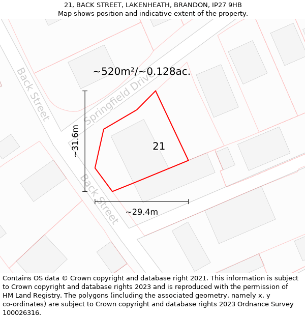 21, BACK STREET, LAKENHEATH, BRANDON, IP27 9HB: Plot and title map