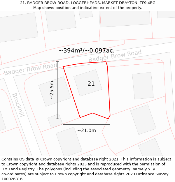 21, BADGER BROW ROAD, LOGGERHEADS, MARKET DRAYTON, TF9 4RG: Plot and title map