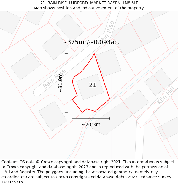 21, BAIN RISE, LUDFORD, MARKET RASEN, LN8 6LF: Plot and title map