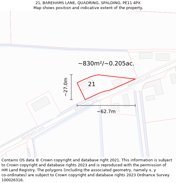 21, BAREHAMS LANE, QUADRING, SPALDING, PE11 4PX: Plot and title map