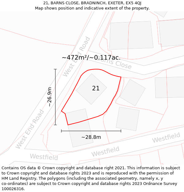 21, BARNS CLOSE, BRADNINCH, EXETER, EX5 4QJ: Plot and title map