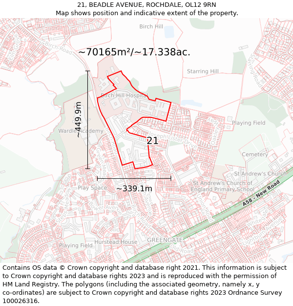 21, BEADLE AVENUE, ROCHDALE, OL12 9RN: Plot and title map