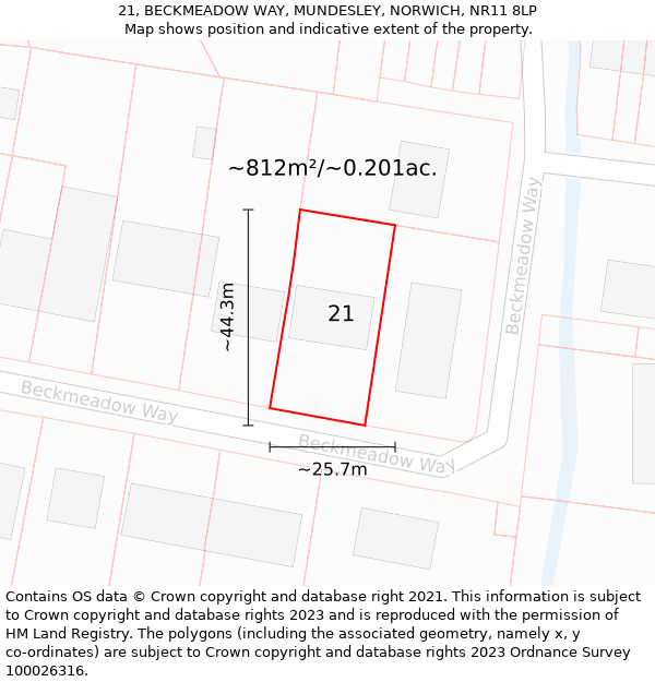 21, BECKMEADOW WAY, MUNDESLEY, NORWICH, NR11 8LP: Plot and title map