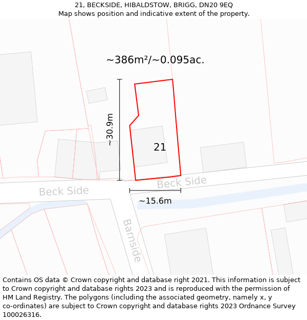 21, BECKSIDE, HIBALDSTOW, BRIGG, DN20 9EQ: Plot and title map