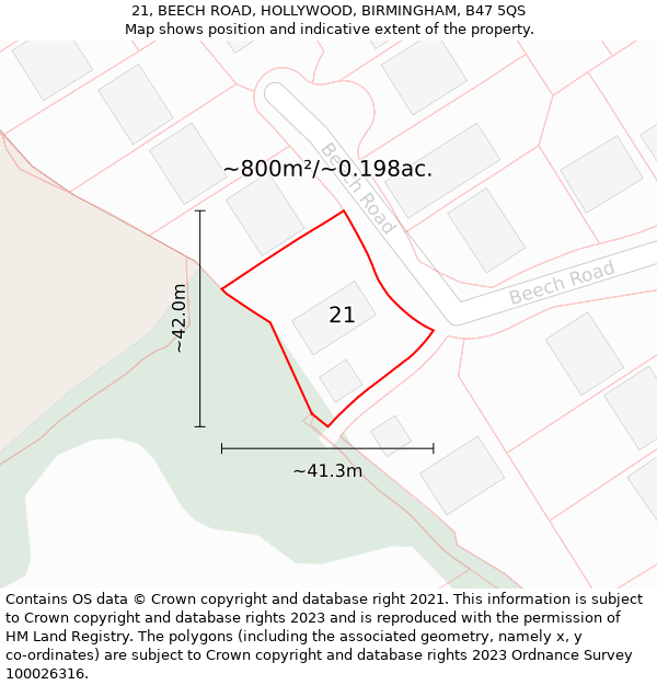 21, BEECH ROAD, HOLLYWOOD, BIRMINGHAM, B47 5QS: Plot and title map