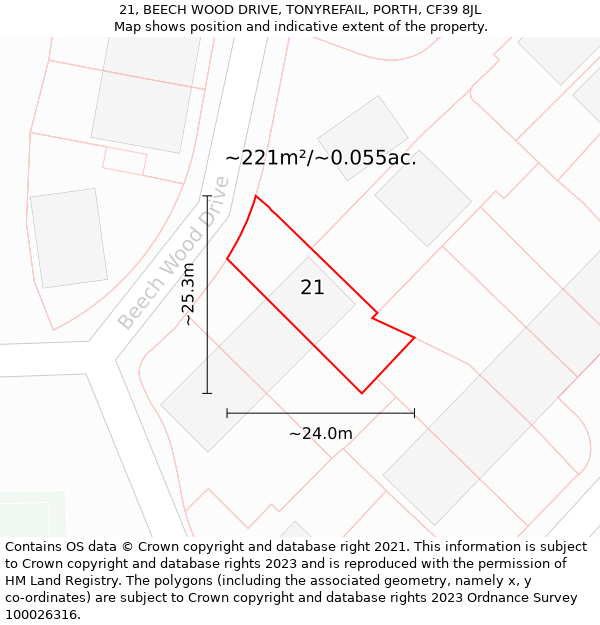 21, BEECH WOOD DRIVE, TONYREFAIL, PORTH, CF39 8JL: Plot and title map