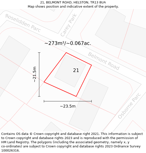 21, BELMONT ROAD, HELSTON, TR13 8UA: Plot and title map