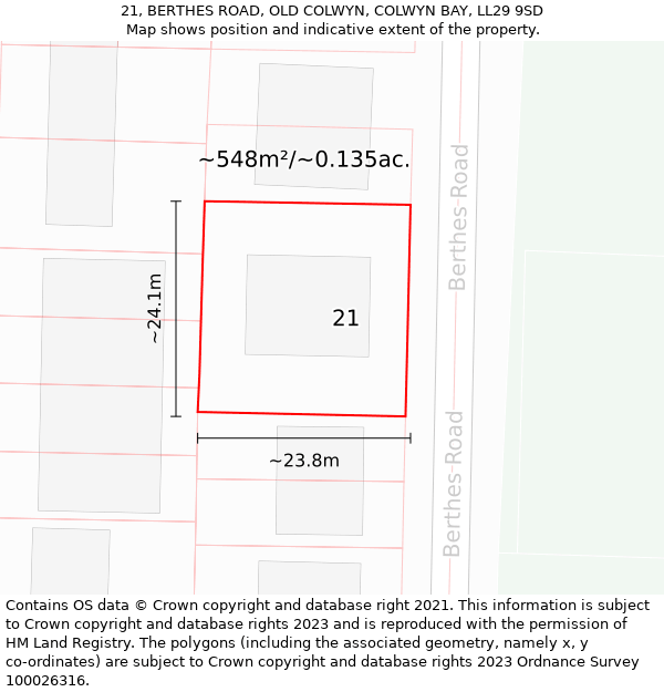 21, BERTHES ROAD, OLD COLWYN, COLWYN BAY, LL29 9SD: Plot and title map