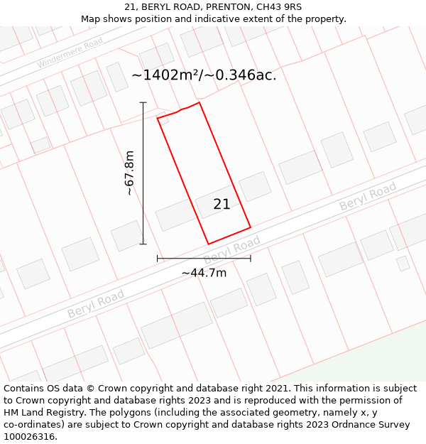 21, BERYL ROAD, PRENTON, CH43 9RS: Plot and title map