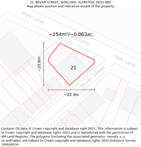 21, BEVAN STREET, SHIRLAND, ALFRETON, DE55 6BD: Plot and title map