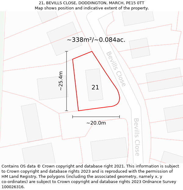 21, BEVILLS CLOSE, DODDINGTON, MARCH, PE15 0TT: Plot and title map