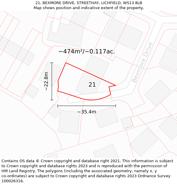 21, BEXMORE DRIVE, STREETHAY, LICHFIELD, WS13 8LB: Plot and title map