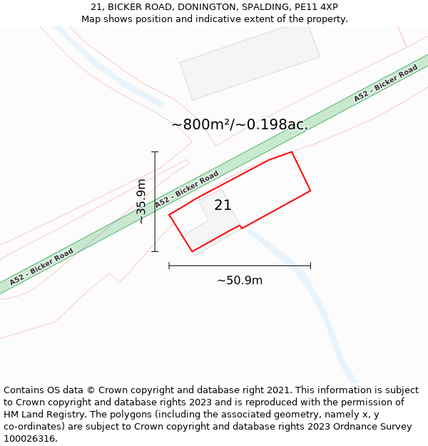 21, BICKER ROAD, DONINGTON, SPALDING, PE11 4XP: Plot and title map