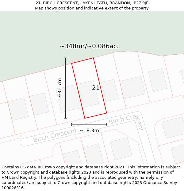 21, BIRCH CRESCENT, LAKENHEATH, BRANDON, IP27 9JR: Plot and title map