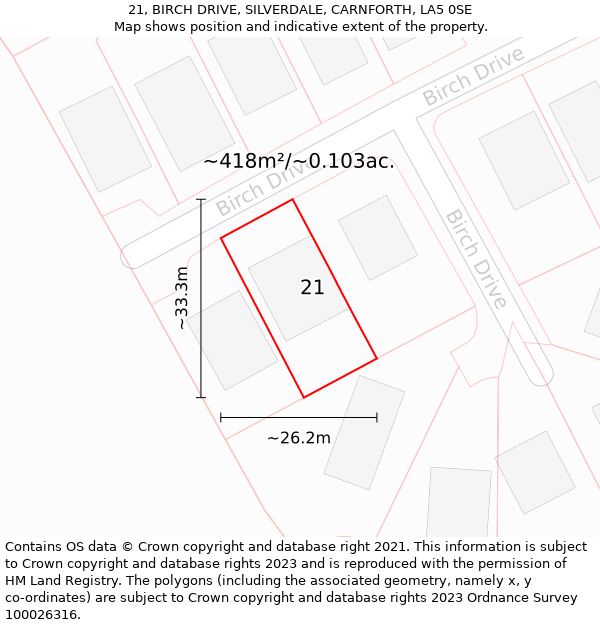 21, BIRCH DRIVE, SILVERDALE, CARNFORTH, LA5 0SE: Plot and title map