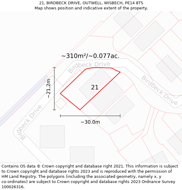 21, BIRDBECK DRIVE, OUTWELL, WISBECH, PE14 8TS: Plot and title map