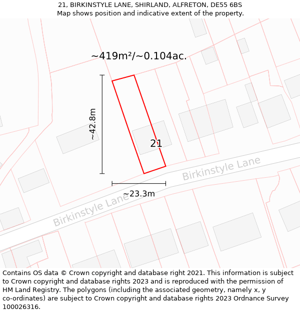 21, BIRKINSTYLE LANE, SHIRLAND, ALFRETON, DE55 6BS: Plot and title map