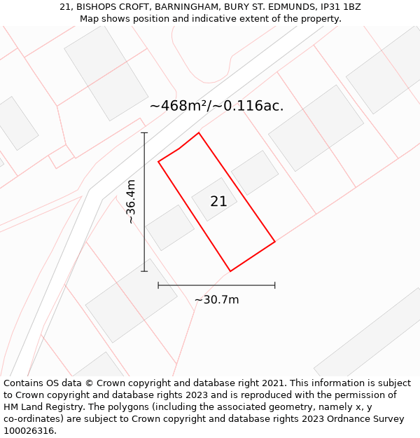 21, BISHOPS CROFT, BARNINGHAM, BURY ST. EDMUNDS, IP31 1BZ: Plot and title map