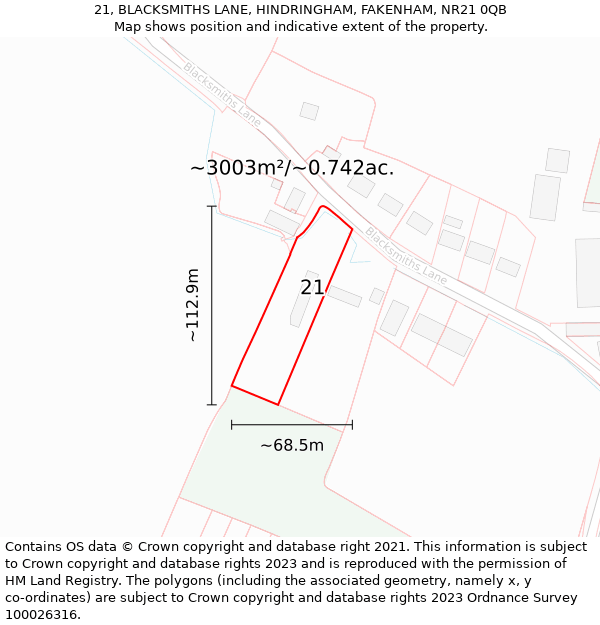 21, BLACKSMITHS LANE, HINDRINGHAM, FAKENHAM, NR21 0QB: Plot and title map