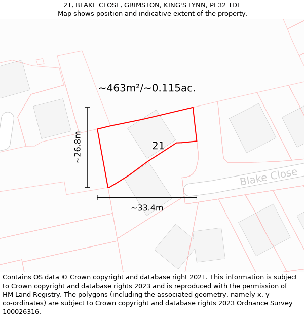 21, BLAKE CLOSE, GRIMSTON, KING'S LYNN, PE32 1DL: Plot and title map