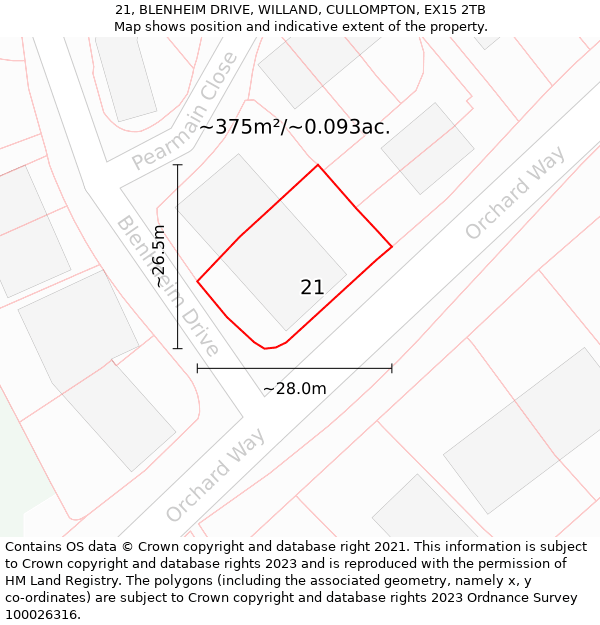 21, BLENHEIM DRIVE, WILLAND, CULLOMPTON, EX15 2TB: Plot and title map