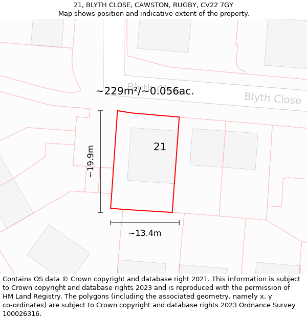 21, BLYTH CLOSE, CAWSTON, RUGBY, CV22 7GY: Plot and title map