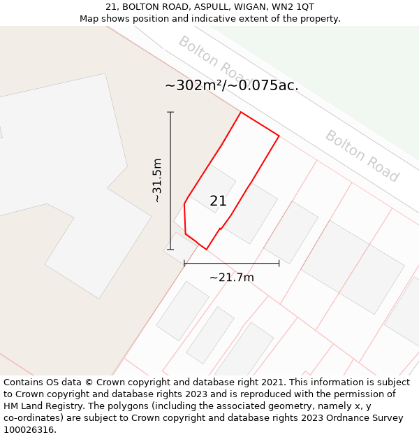 21, BOLTON ROAD, ASPULL, WIGAN, WN2 1QT: Plot and title map