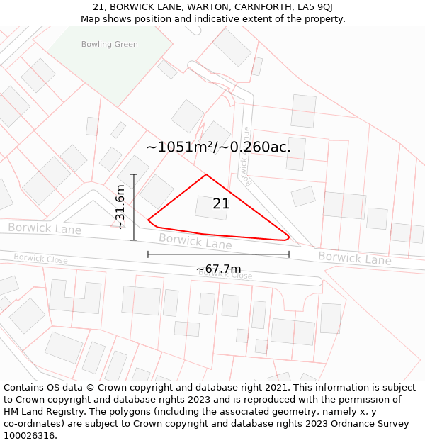 21, BORWICK LANE, WARTON, CARNFORTH, LA5 9QJ: Plot and title map