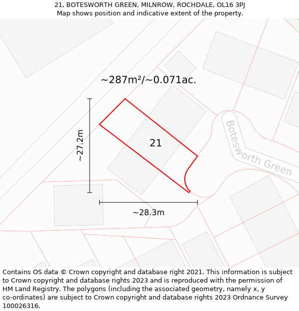 21, BOTESWORTH GREEN, MILNROW, ROCHDALE, OL16 3PJ: Plot and title map