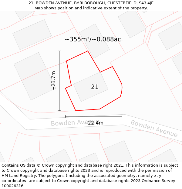 21, BOWDEN AVENUE, BARLBOROUGH, CHESTERFIELD, S43 4JE: Plot and title map