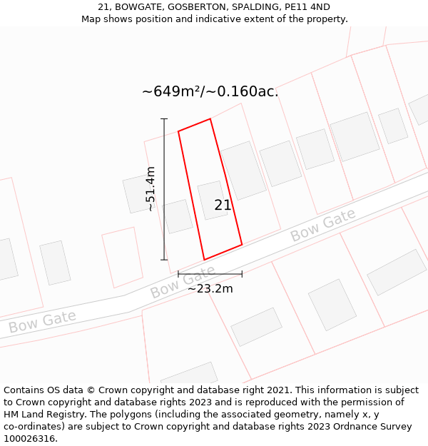 21, BOWGATE, GOSBERTON, SPALDING, PE11 4ND: Plot and title map