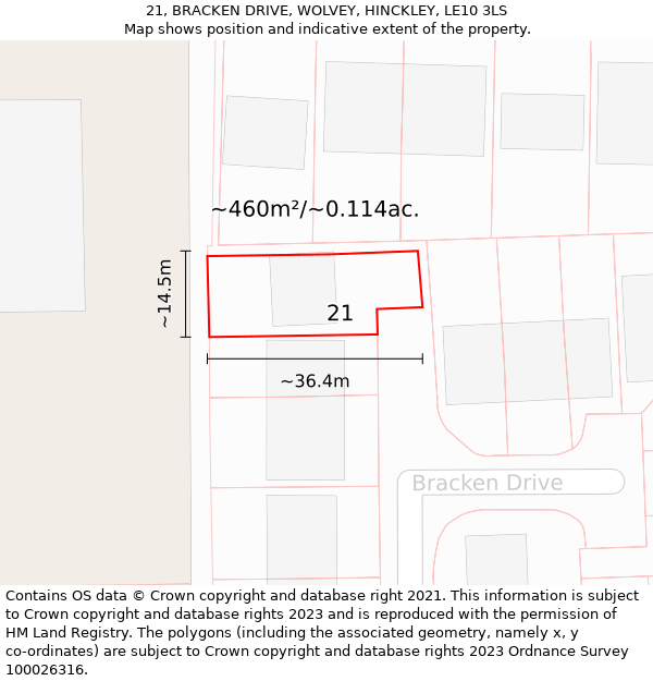 21, BRACKEN DRIVE, WOLVEY, HINCKLEY, LE10 3LS: Plot and title map