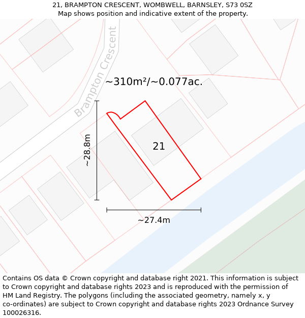 21, BRAMPTON CRESCENT, WOMBWELL, BARNSLEY, S73 0SZ: Plot and title map