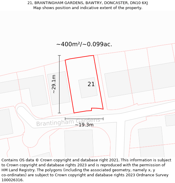 21, BRANTINGHAM GARDENS, BAWTRY, DONCASTER, DN10 6XJ: Plot and title map