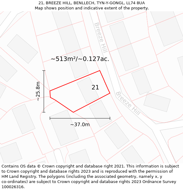 21, BREEZE HILL, BENLLECH, TYN-Y-GONGL, LL74 8UA: Plot and title map