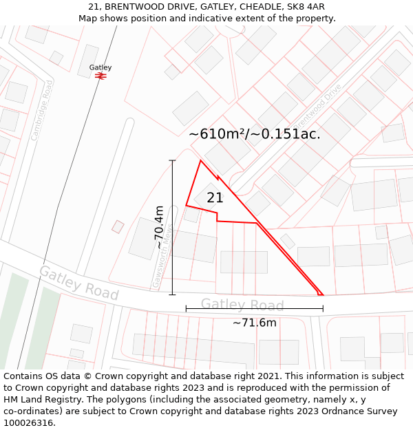 21, BRENTWOOD DRIVE, GATLEY, CHEADLE, SK8 4AR: Plot and title map