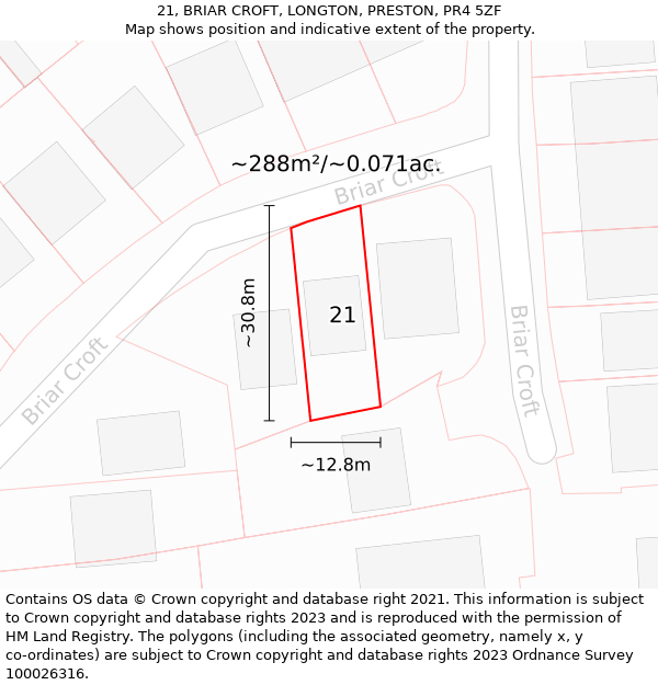 21, BRIAR CROFT, LONGTON, PRESTON, PR4 5ZF: Plot and title map