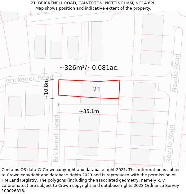 21, BRICKENELL ROAD, CALVERTON, NOTTINGHAM, NG14 6PL: Plot and title map