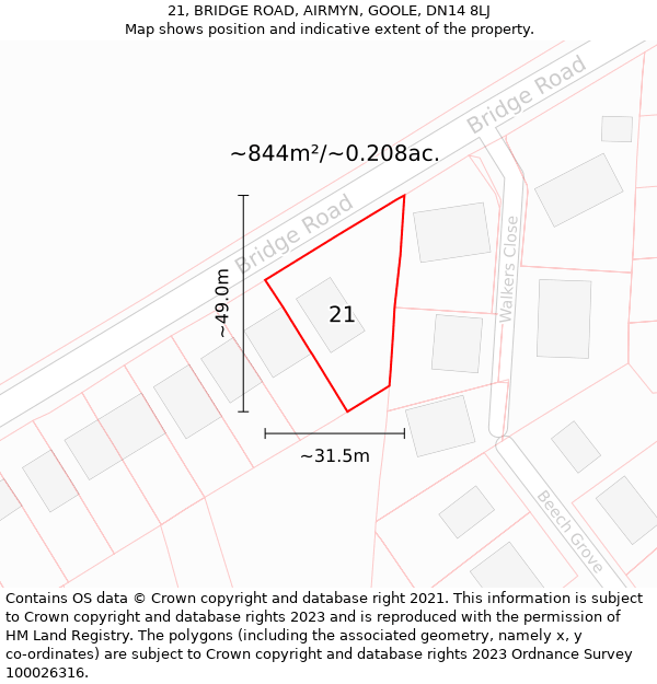 21, BRIDGE ROAD, AIRMYN, GOOLE, DN14 8LJ: Plot and title map