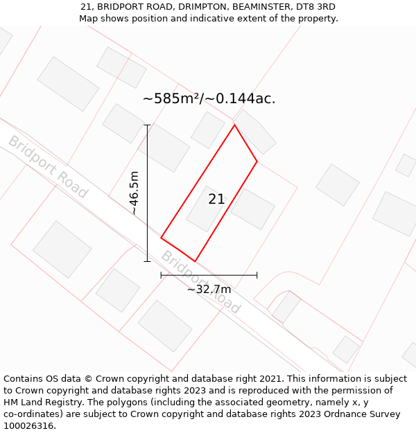 21, BRIDPORT ROAD, DRIMPTON, BEAMINSTER, DT8 3RD: Plot and title map