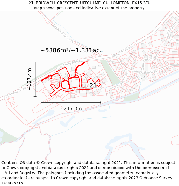 21, BRIDWELL CRESCENT, UFFCULME, CULLOMPTON, EX15 3FU: Plot and title map