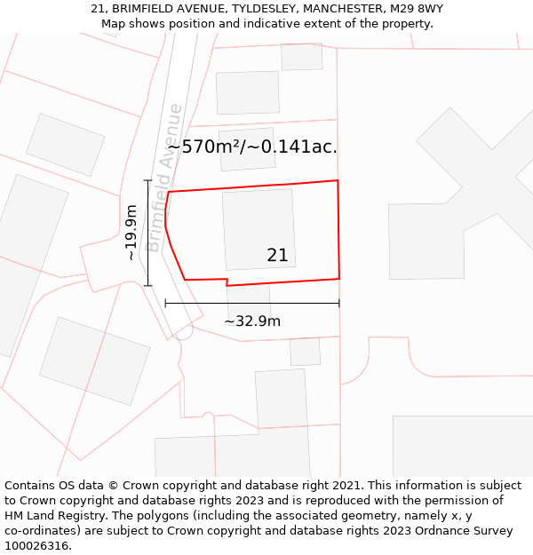 21, BRIMFIELD AVENUE, TYLDESLEY, MANCHESTER, M29 8WY: Plot and title map