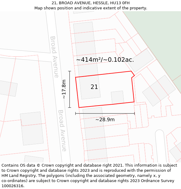 21, BROAD AVENUE, HESSLE, HU13 0FH: Plot and title map