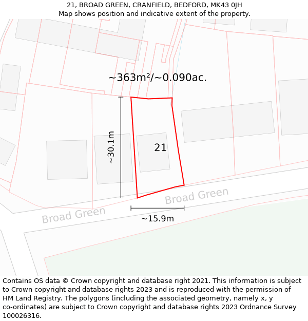 21, BROAD GREEN, CRANFIELD, BEDFORD, MK43 0JH: Plot and title map