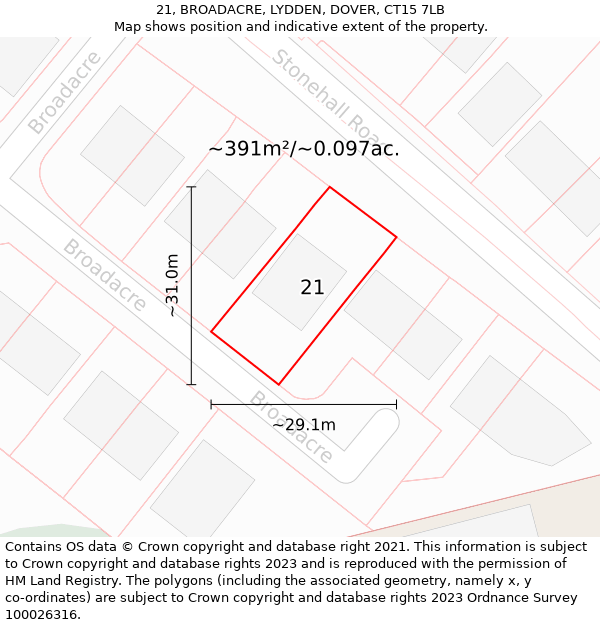 21, BROADACRE, LYDDEN, DOVER, CT15 7LB: Plot and title map