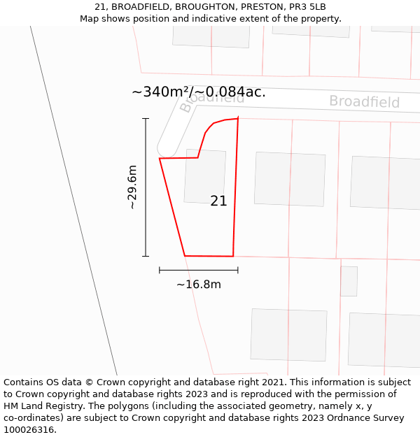 21, BROADFIELD, BROUGHTON, PRESTON, PR3 5LB: Plot and title map